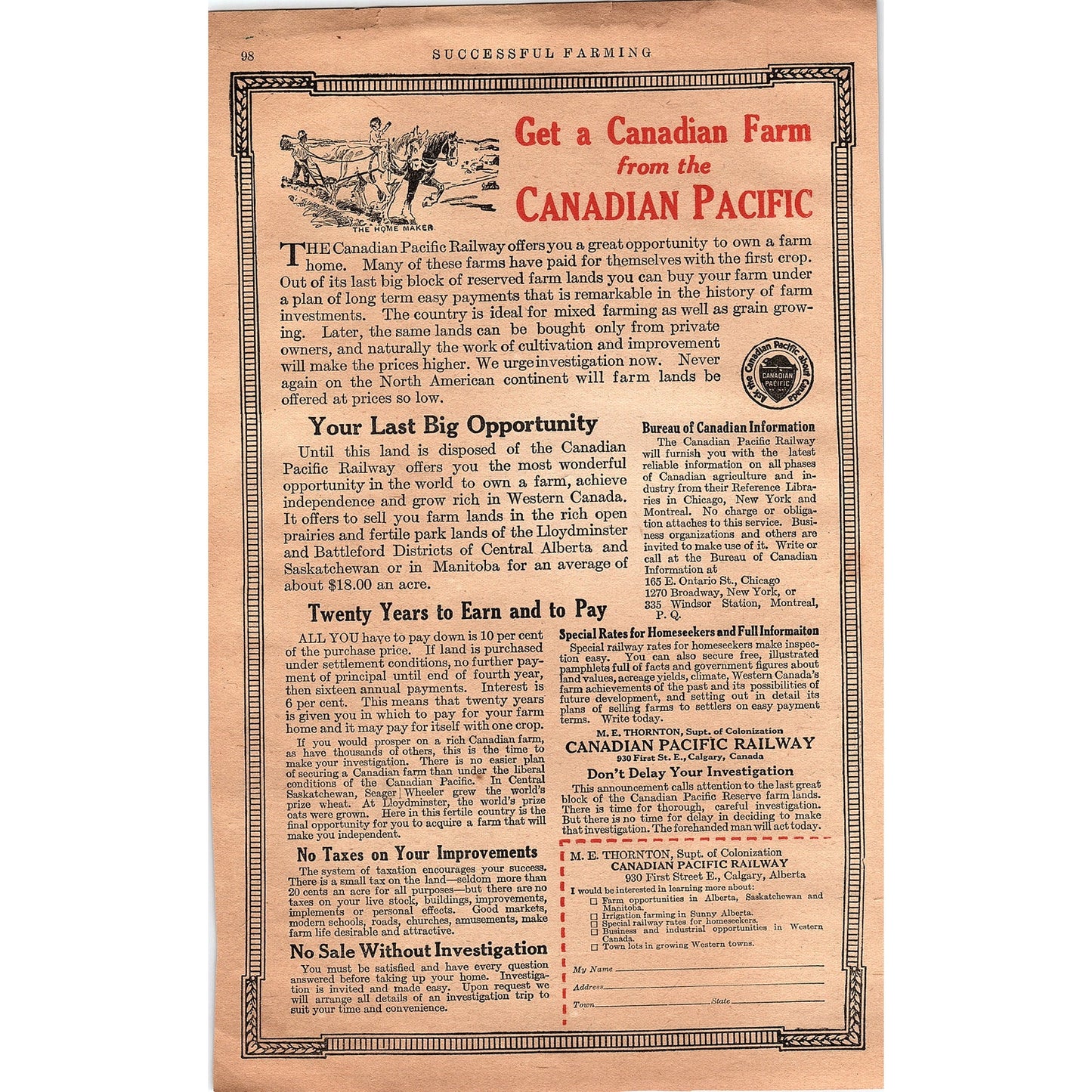 Get a Canadian Farm from the Canadian Pacific Railway M.E. Thornton 1920 Ad V1-3