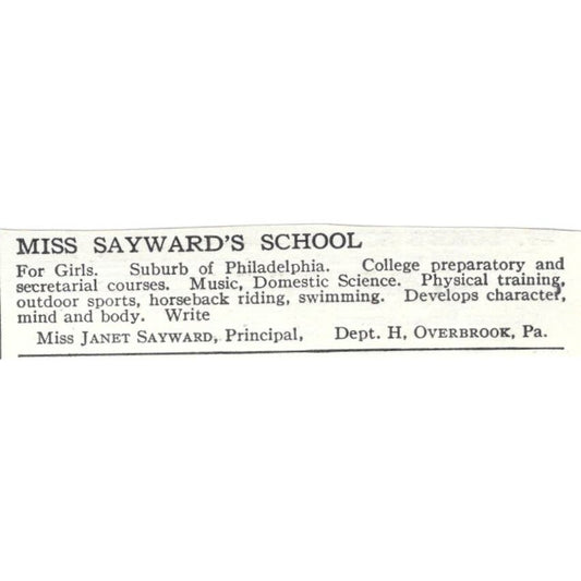 Miss Sayward's School Janet Sayward Overbrook PA c1918 Advertisement AE5-SA11