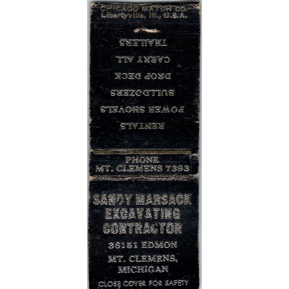 Sandy Marsack Excavating Mt. Clemens MI Vintage Matchbook Cover SD2-Y6