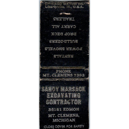 Sandy Marsack Excavating Mt. Clemens MI Vintage Matchbook Cover SD2-Y6
