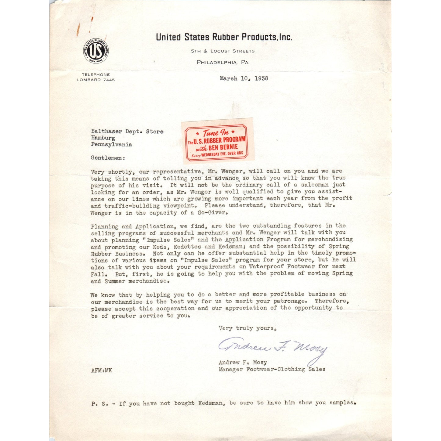 1938 United States Rubber Products Inc Philadelphia PA Letterhead Memo D20