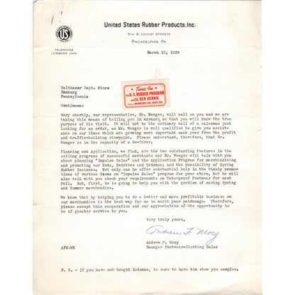 1938 United States Rubber Products Inc Philadelphia PA Letterhead Memo D20