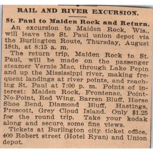 St. Paul to Maiden Rock WI Rail and River Excursion 1898 Newspaper Ad AF2-Q2