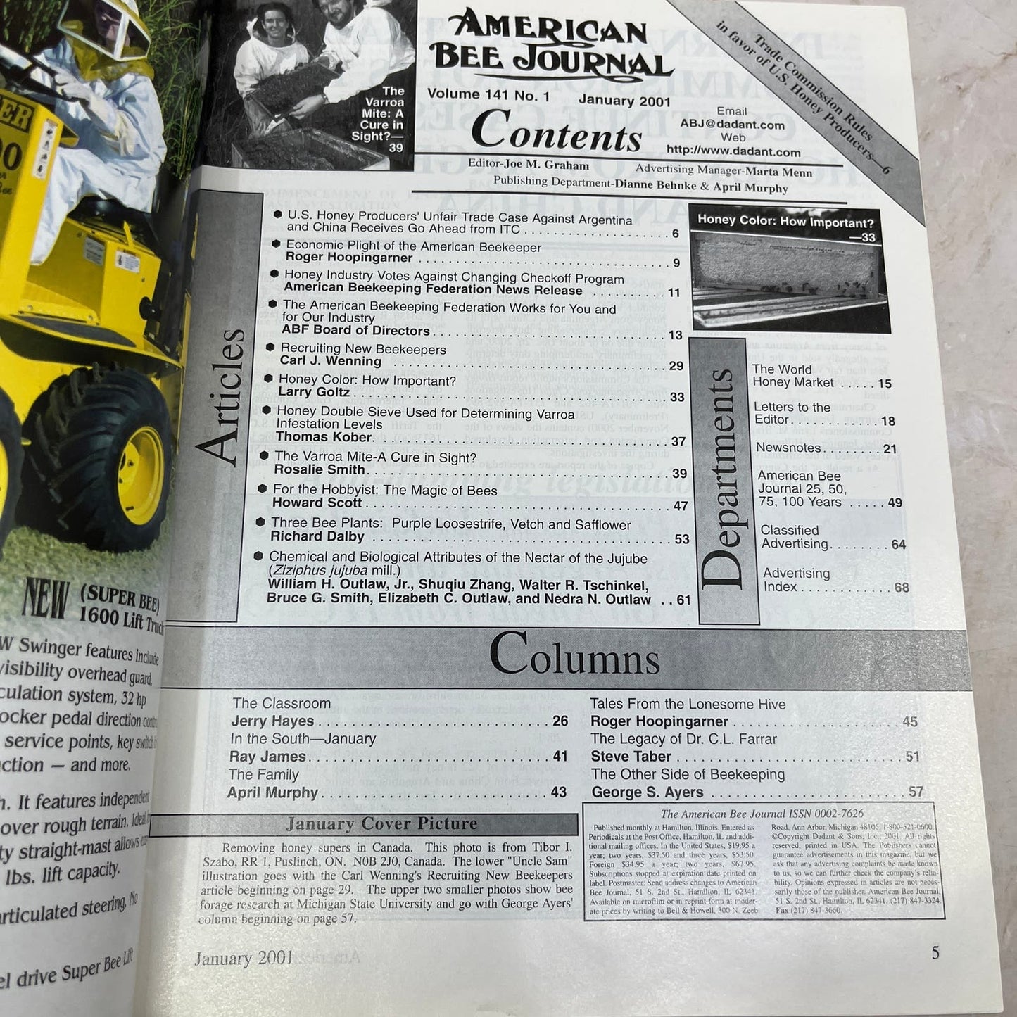 2001 Jan American Bee Journal Magazine Bees Beekeeping Honey M7