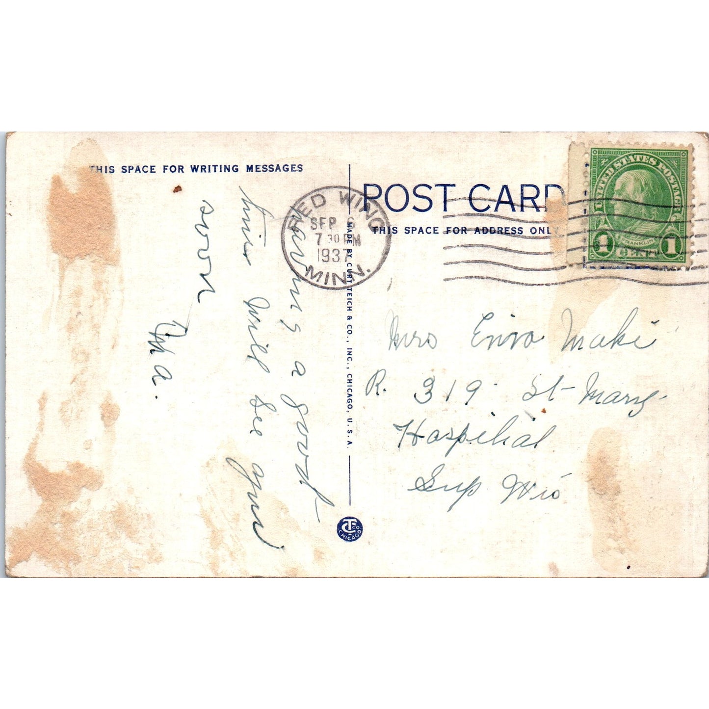 1937 U.S. Post Office in Red Wing Minnesota Vintage Postcard PD9