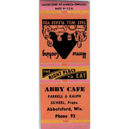 Abby Cafe Farrell & Ralph Scheel Abbotsford WI Vintage Matchbook Cover SD2-Y4