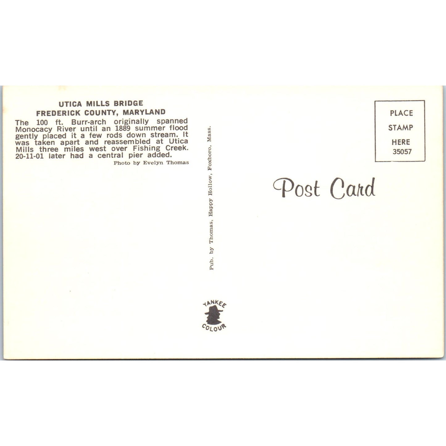 Utica Mills Bridge Frederick County MD Covered Bridge Postcard PB11