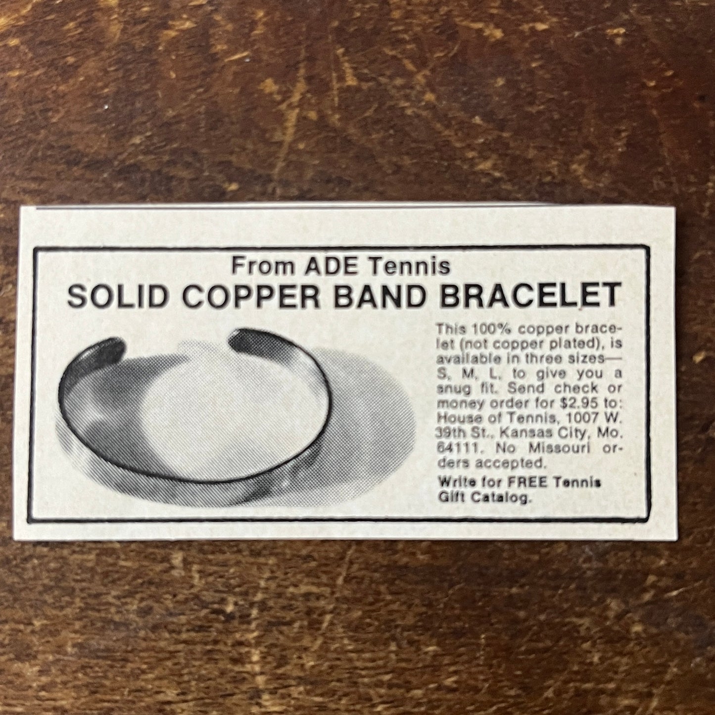 ADE Tennis Solid Copper Band Bracelet House of Tennis Kansas City 1977 Ad AF3-Q3