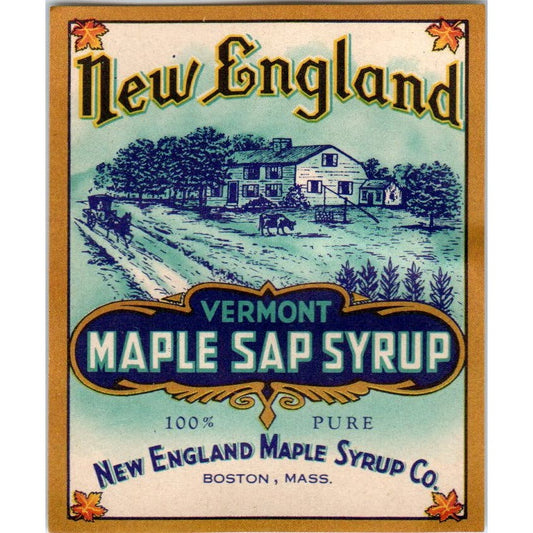 Vintage New England Vermont Maple Syrup Label Boston MA AF1
