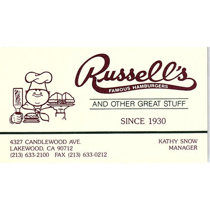 Russell's Hamburgers Kathy Snow Lakewood CA Vintage Business Card SC9-B1