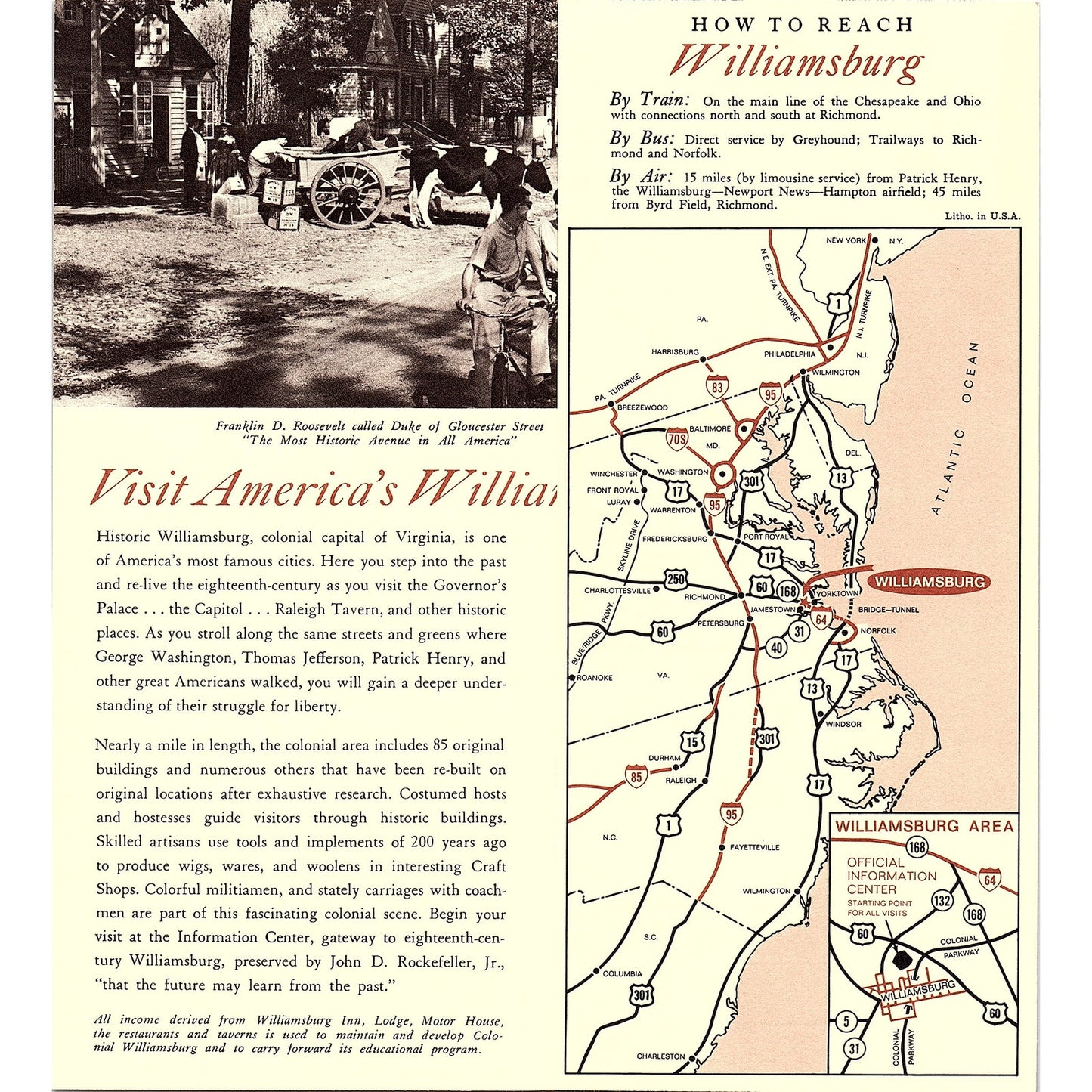 Come to Historic Williamsburg Virginia Map & 1960s Travel Brochure TH2-TB3