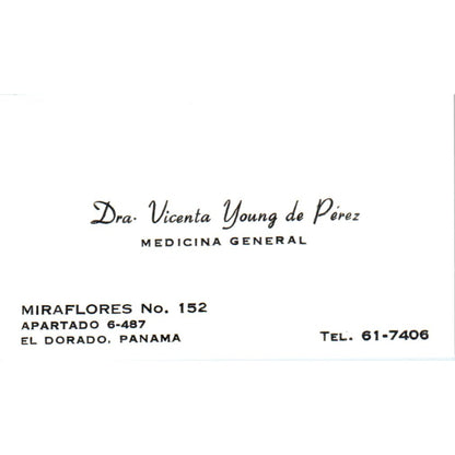 Dra. Vicenta Young de Pérez Medicina General El Dorado Panama Card SD8-B16