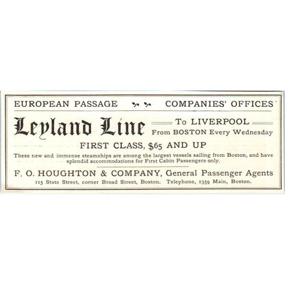 Leyland Line F.O. Houghton & Co Boston c1905 Victorian Ad AE9-MA1