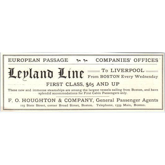 Leyland Line F.O. Houghton & Co Boston c1905 Victorian Ad AE9-MA1