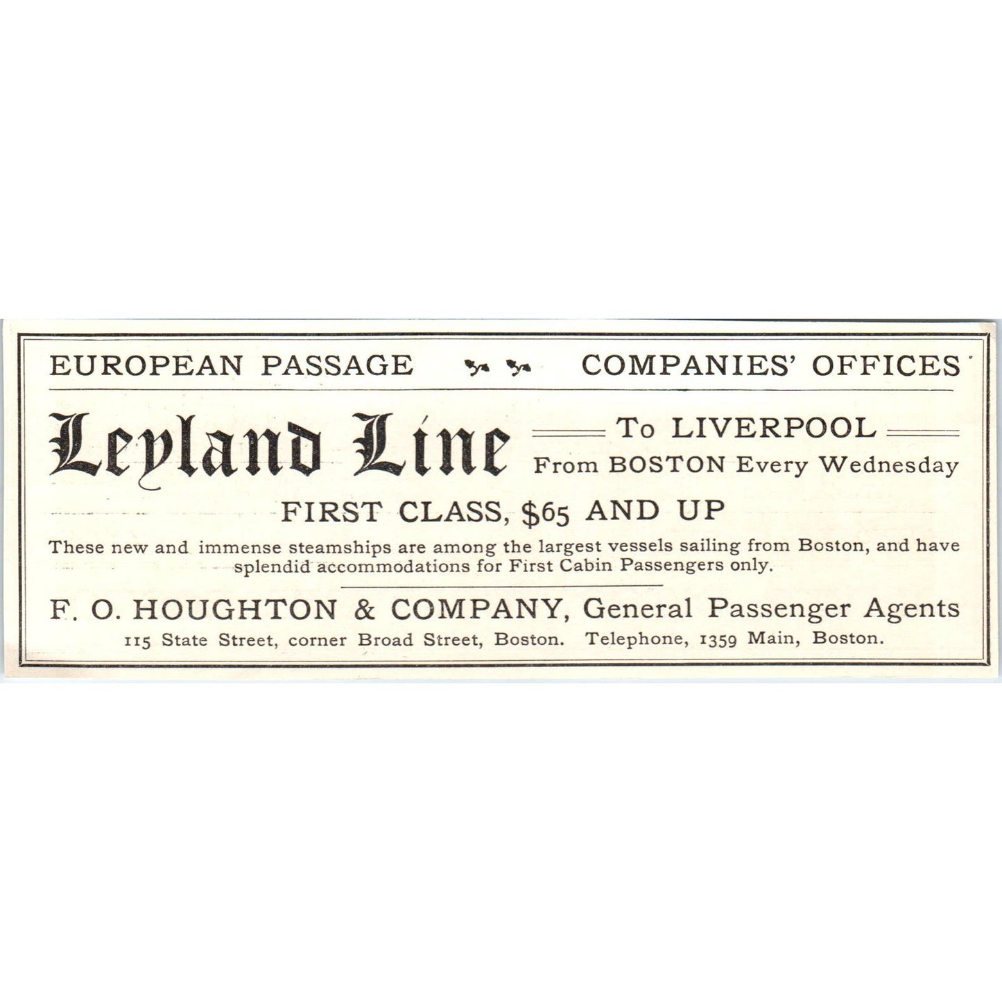 Leyland Line F.O. Houghton & Co Boston c1905 Victorian Ad AE9-MA1
