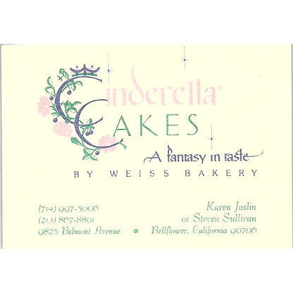 Cinderella Cakes Weiss Bakery Joslin Sullivan Bellflower Business Card TH2-B2