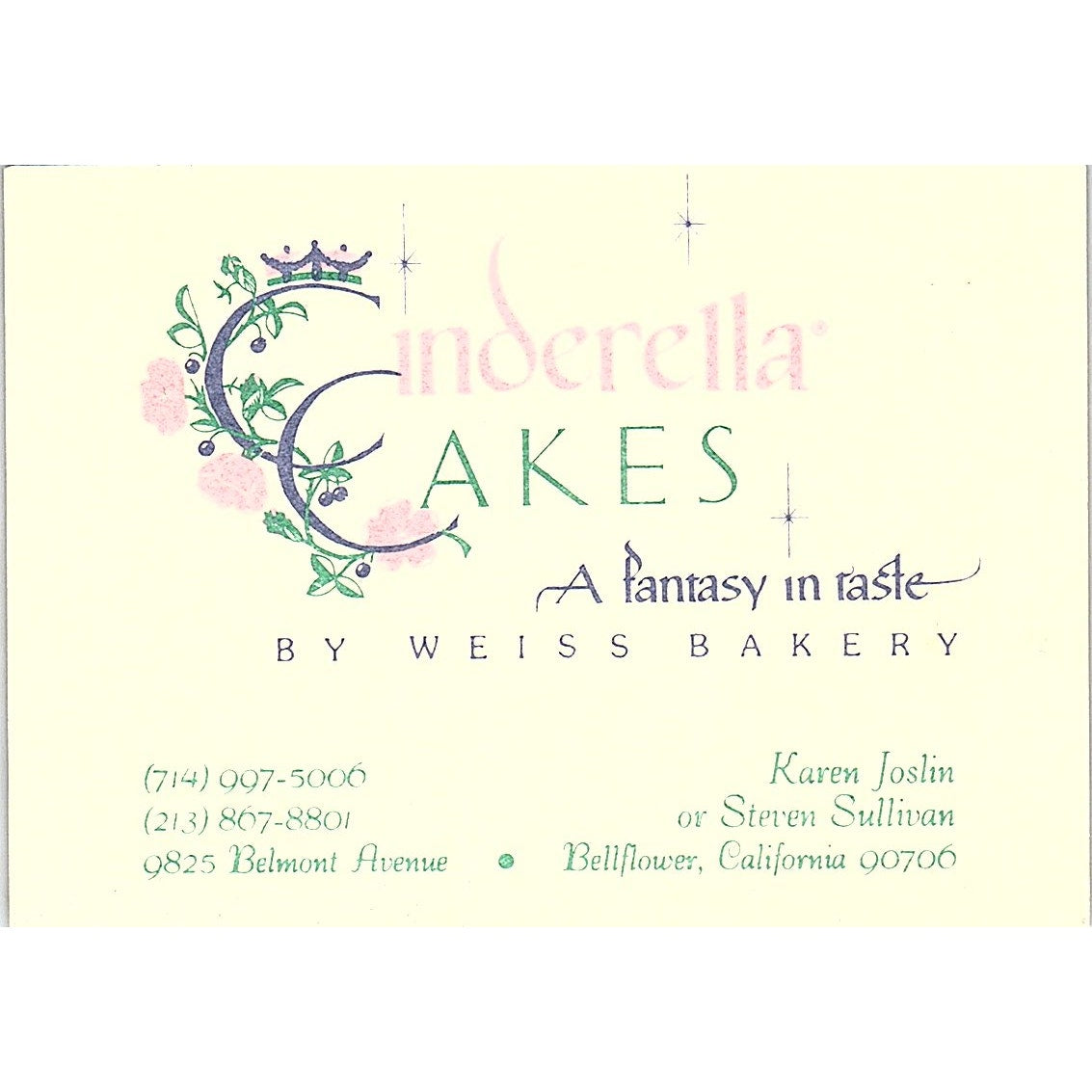 Cinderella Cakes Weiss Bakery Joslin Sullivan Bellflower Business Card ML1-6