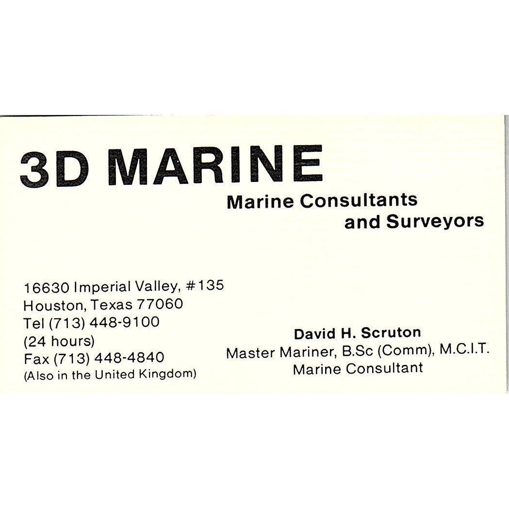 David H Scruton 3D Marine Consultants Houston Vintage Business Card SD9-B13