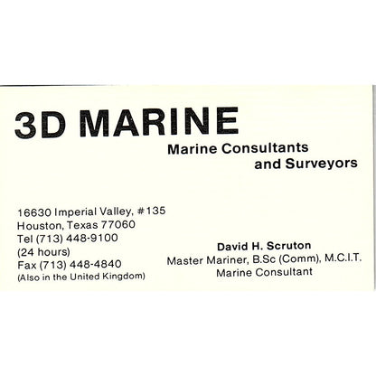 David H Scruton 3D Marine Consultants Houston Vintage Business Card SD9-B13