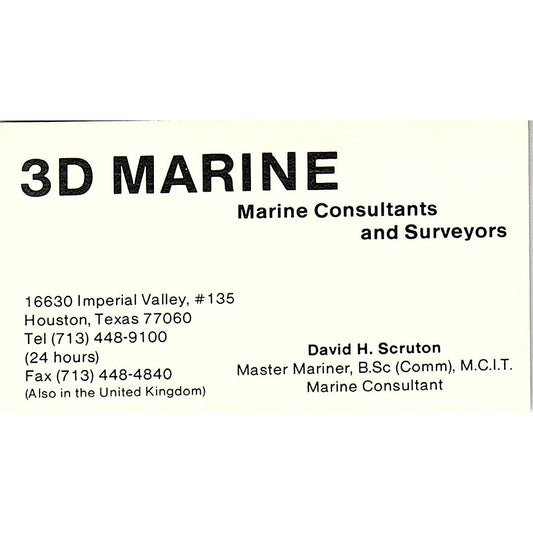 David H Scruton 3D Marine Consultants Houston Vintage Business Card SD9-B13