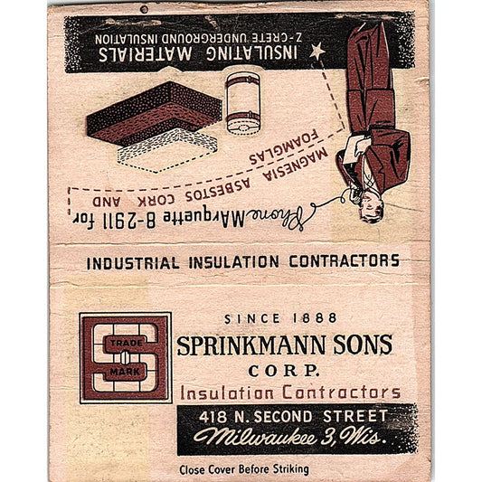 Sprinkmann Sons Corp Insulation Milwaukee Vintage Large Matchbook Cover TH2-Y2