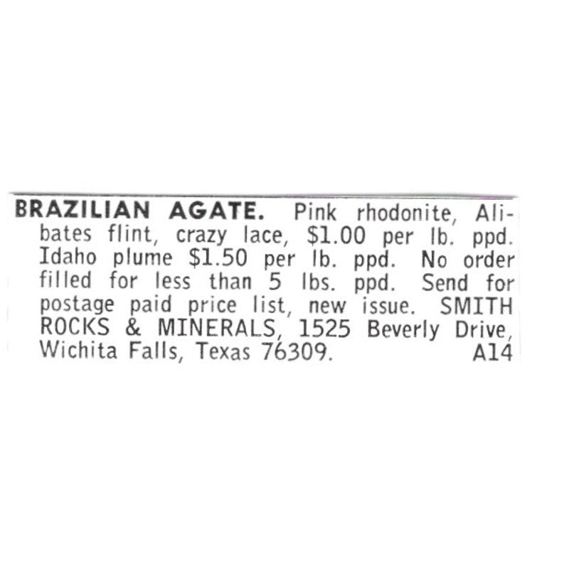 Smith Rocks & Minerals Brazilian Agate Wichita Falls Texas 1972 Ad AF8-S15