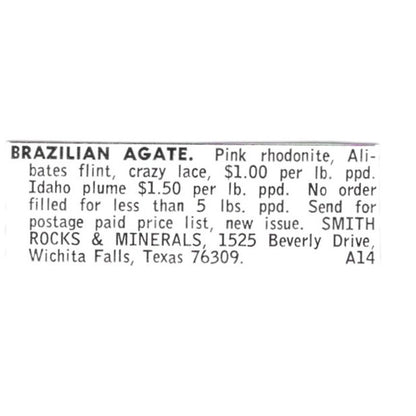 Smith Rocks & Minerals Brazilian Agate Wichita Falls Texas 1972 Ad AF8-S15