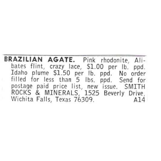 Smith Rocks & Minerals Brazilian Agate Wichita Falls Texas 1972 Ad AF8-S15