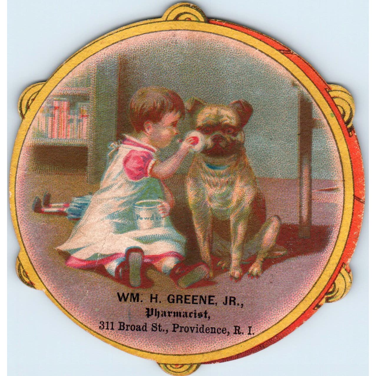 Wm. H. Greene Jr Pharmacist Providence RI Tambourine Boy and Dog Trade Card AB9