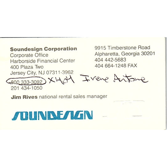 Jim Rives Soundesign Corporation Jersey City NJ Vintage Business Card SC9-B7