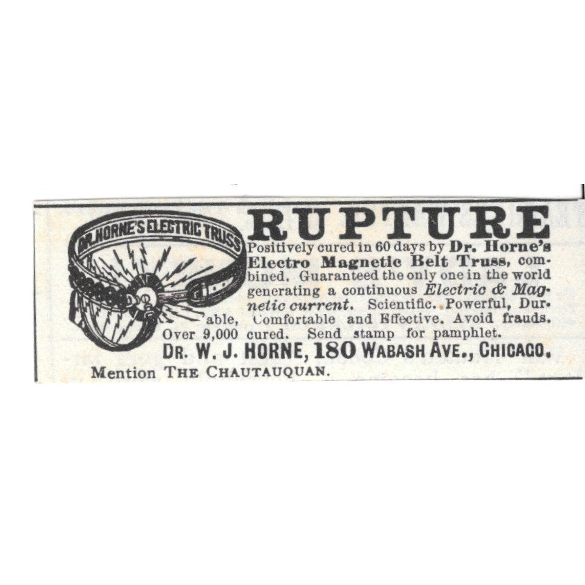 Dr. W. J. Horne Electro Magnetic Belt Truss For Rupture Chicago 1892 Ad AG2-S19