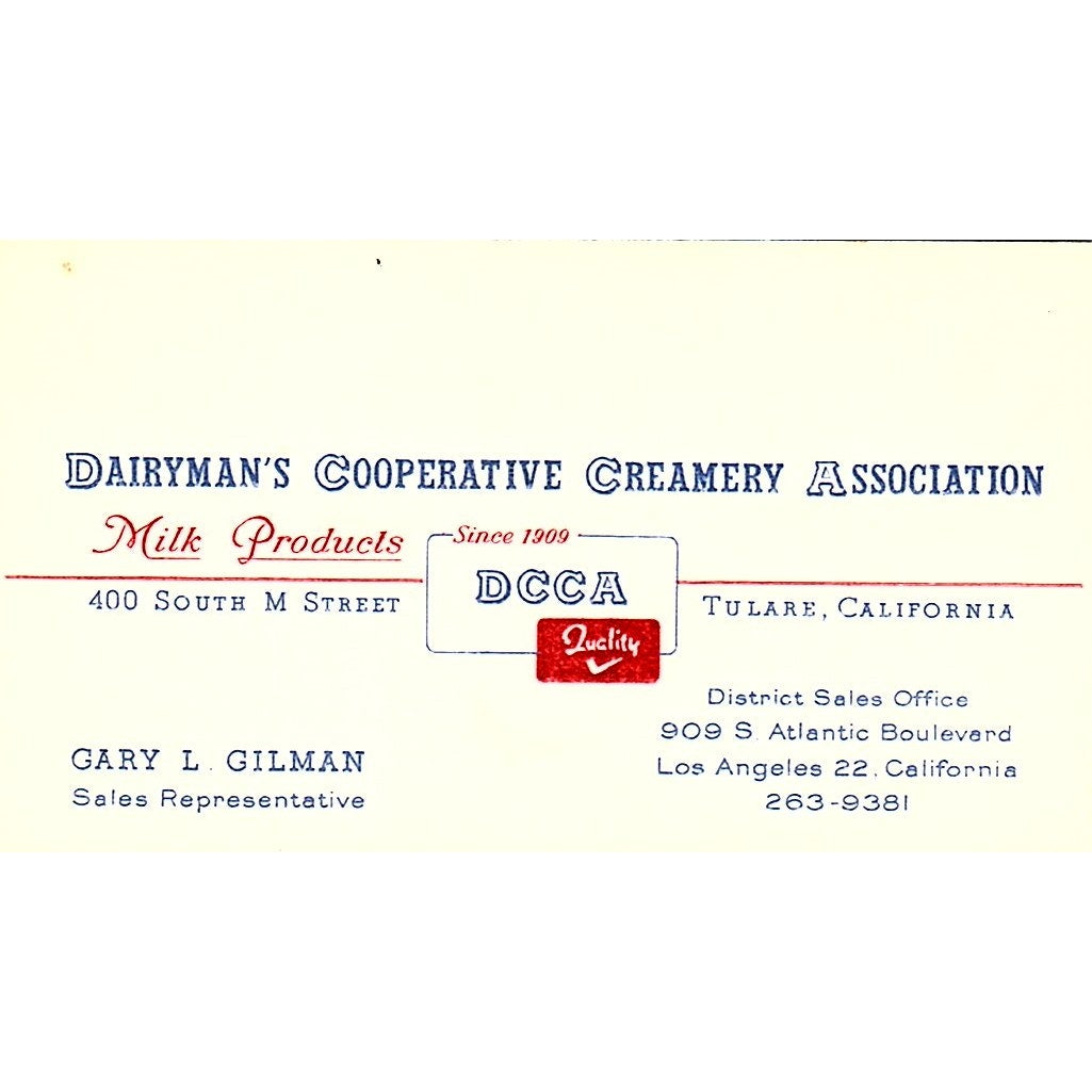 Gary L Gilman Dairymans Coop Creamery Los Angeles Vintage Business Card SD9-B9
