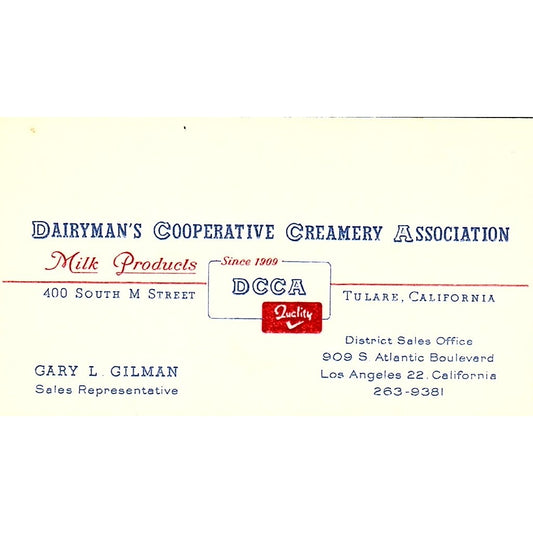 Gary L Gilman Dairymans Coop Creamery Los Angeles Vintage Business Card SD9-B9