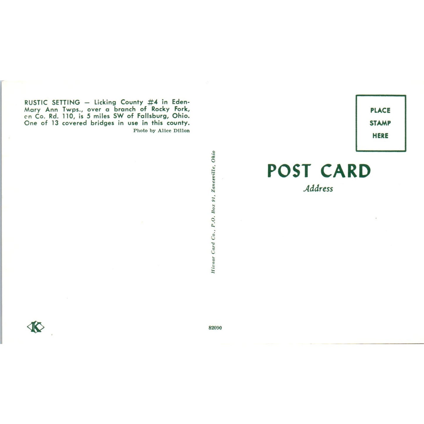 Licking County #4 Mary Ann Twps Fallsburg OH Covered Bridge Postcard PB11