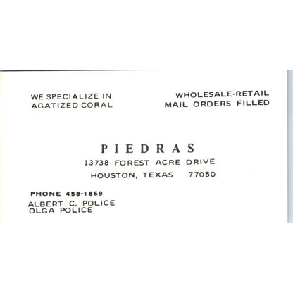 Piedra's Rock Shop Albert & Olga Police Houston TX Vintage Business Card SD8-B7