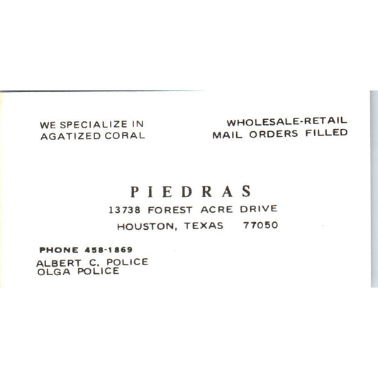 Piedra's Rock Shop Albert & Olga Police Houston TX Vintage Business Card SD8-B7