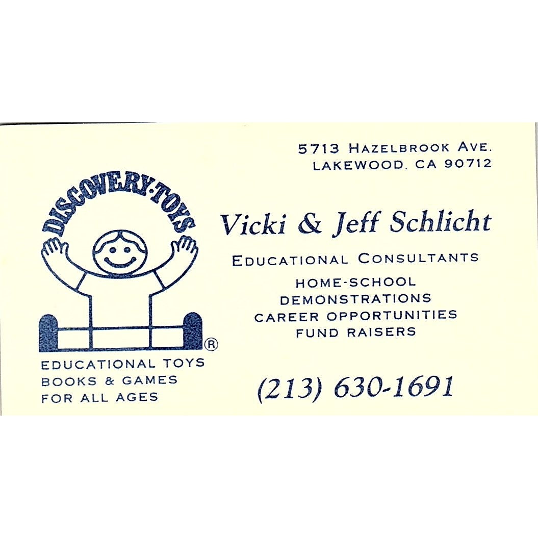Vicki & Jeff Schlicht Discovery Toys Lakewood CA Vintage Business Card SC9-B5