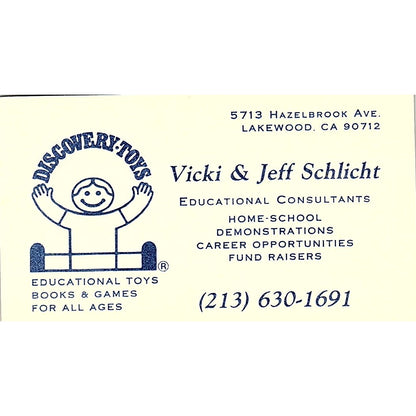 Vicki & Jeff Schlicht Discovery Toys Lakewood CA Vintage Business Card SC9-B5