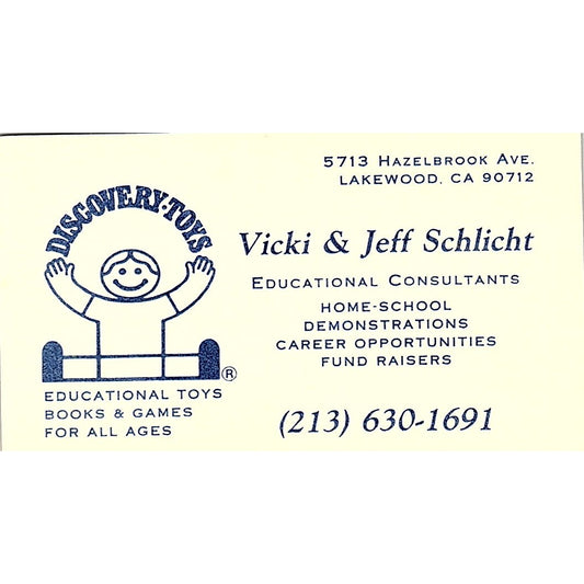 Vicki & Jeff Schlicht Discovery Toys Lakewood CA Vintage Business Card SC9-B5