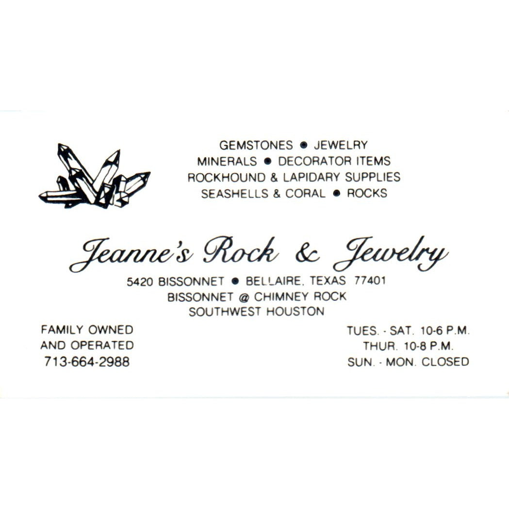 Jeanne's Rock & Jewelry Bellaire TX Vintage Business Card SD8-B6