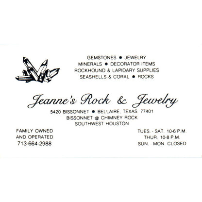 Jeanne's Rock & Jewelry Bellaire TX Vintage Business Card SD8-B6