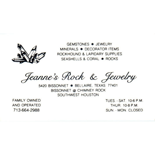 Jeanne's Rock & Jewelry Bellaire TX Vintage Business Card SD8-B6