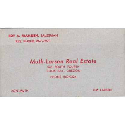 Roy A. Franssen Muth-Larsen Real Estate Coos Bay OR Vintage Business Card SD8-B2