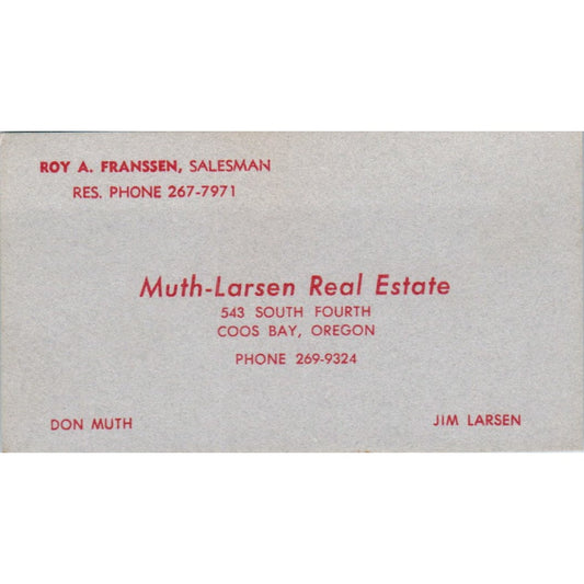 Roy A. Franssen Muth-Larsen Real Estate Coos Bay OR Vintage Business Card SD8-B2
