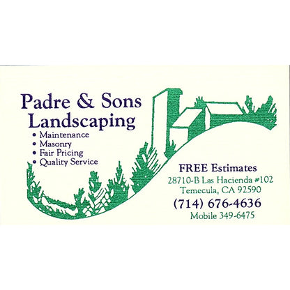 Padre & Sons Landscaping Frank Loizu Temecula CA Vintage Business Card SC9-B8