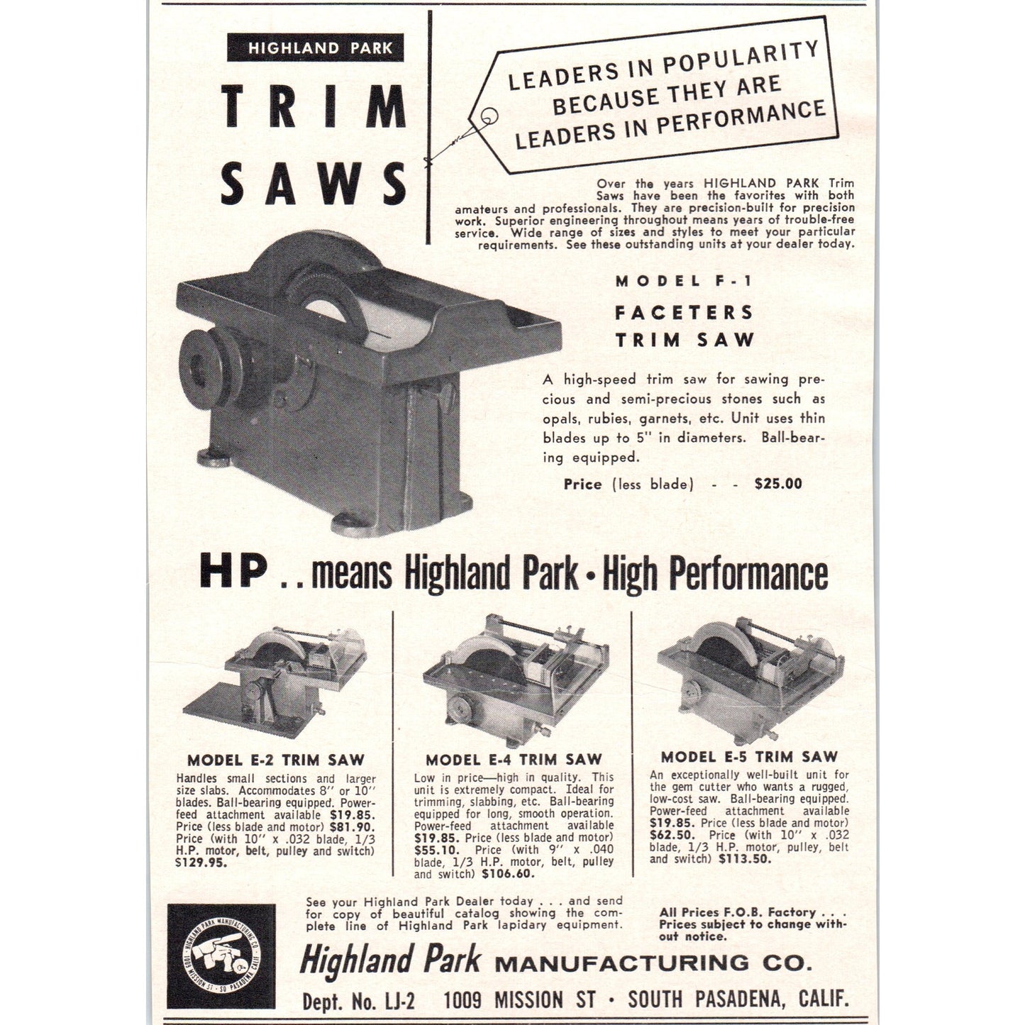 Highland Park Mfg Co Lapidary Trim Saws South Pasadena CA 1964 Ad AB6-LL1