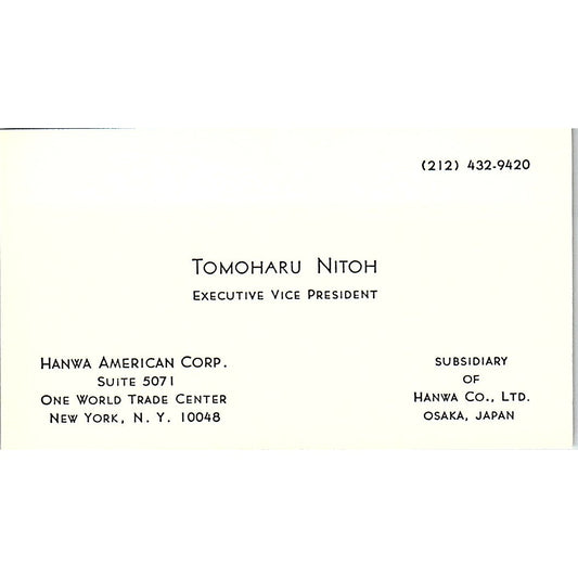 Tomoharu Nitoh Hanwa American Corp NY Osaka Vintage Business Card SC9-B6
