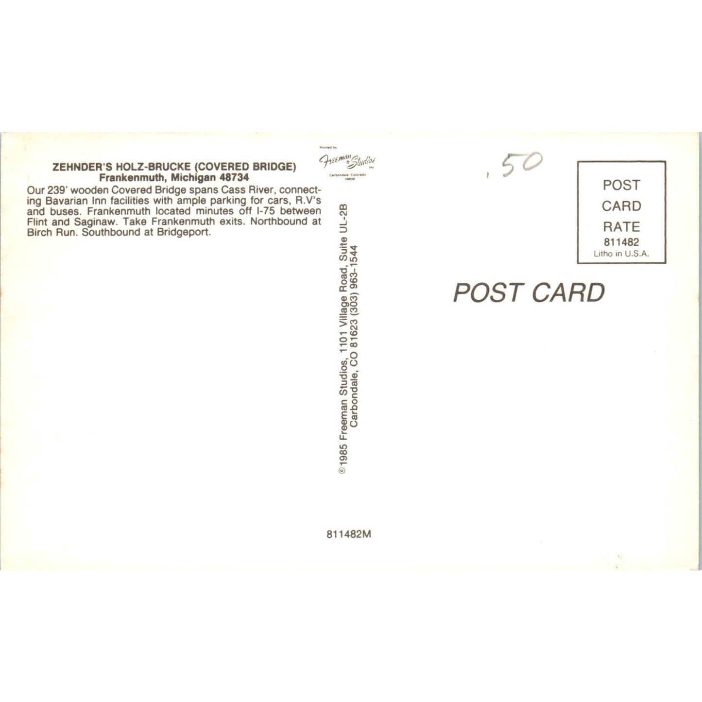 Zehnder's Holz-Brucke Bridge Frankenmuth MI Covered Bridge Postcard PB11