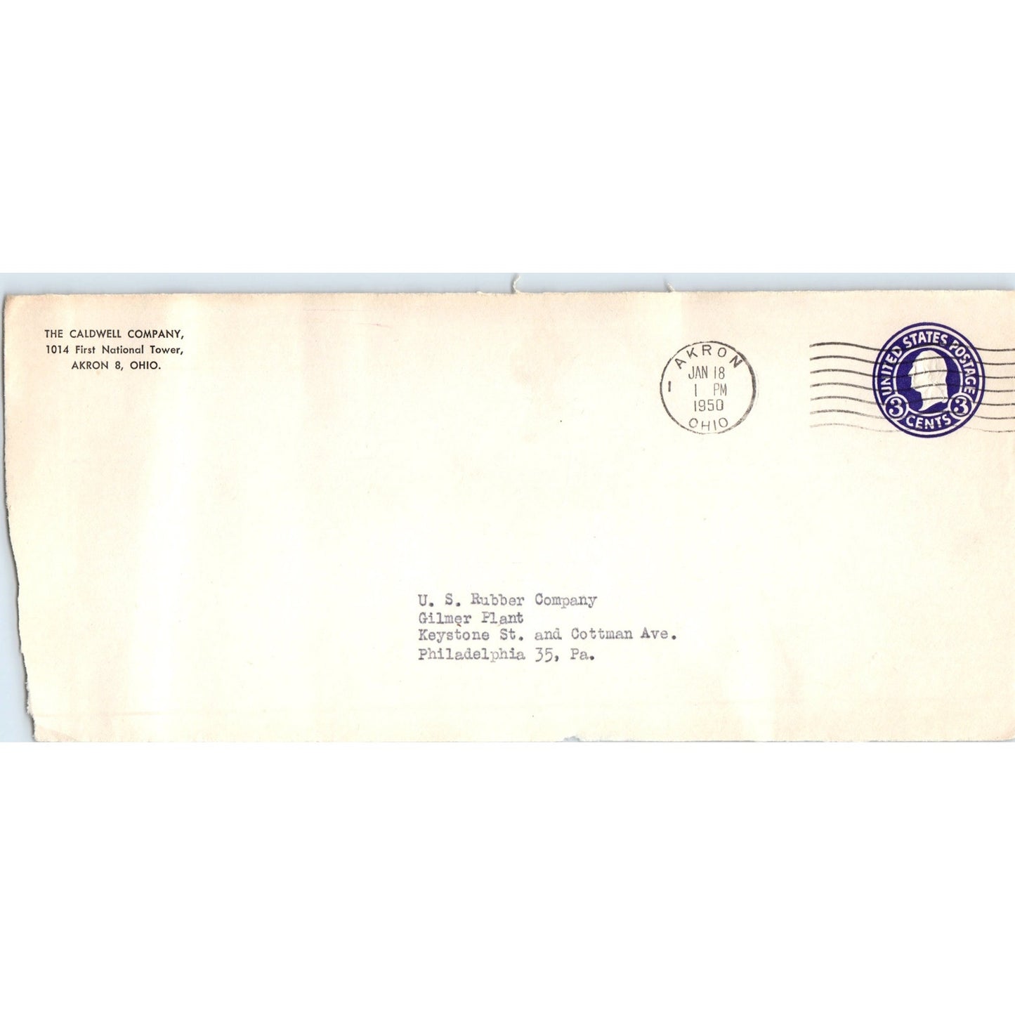 1950 The Caldwell Company Akron Ohio Postal Cover Envelope TH9-L1