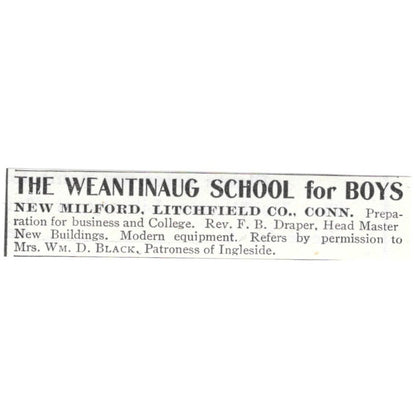 The Weantinaug School for Boys Mrs Wm D Black New Milford CT 1903 Ad AG3-S15